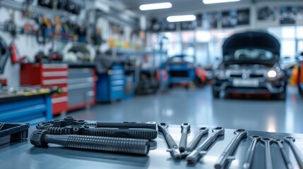Car Repair Shop Tools on Workbench with Vehicles in Background