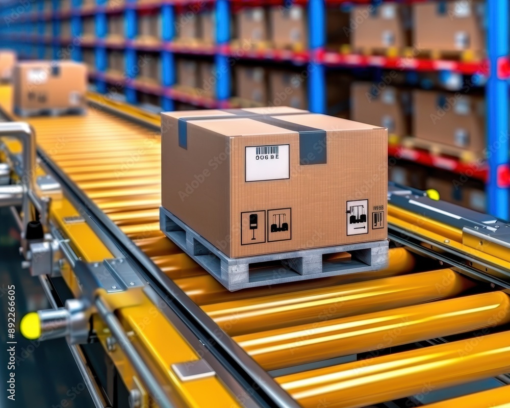 Poster modern warehouse with automated conveyor systems for efficient product movement