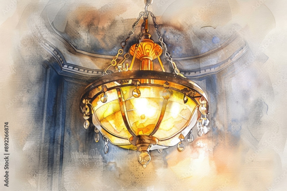 Poster a decorative chandelier hangs from the ceiling in a luxurious setting