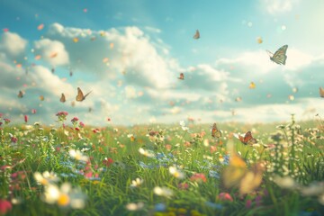 A dreamlike meadow, with a field of wildflowers, a gentle breeze, and butterflies fluttering in the air under a clear blue sky