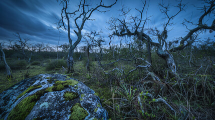 A haunting scene featuring a mossy lichen-covered boulder surrounded by twisted swamp trees during the late dusk blue hour. Generative AI