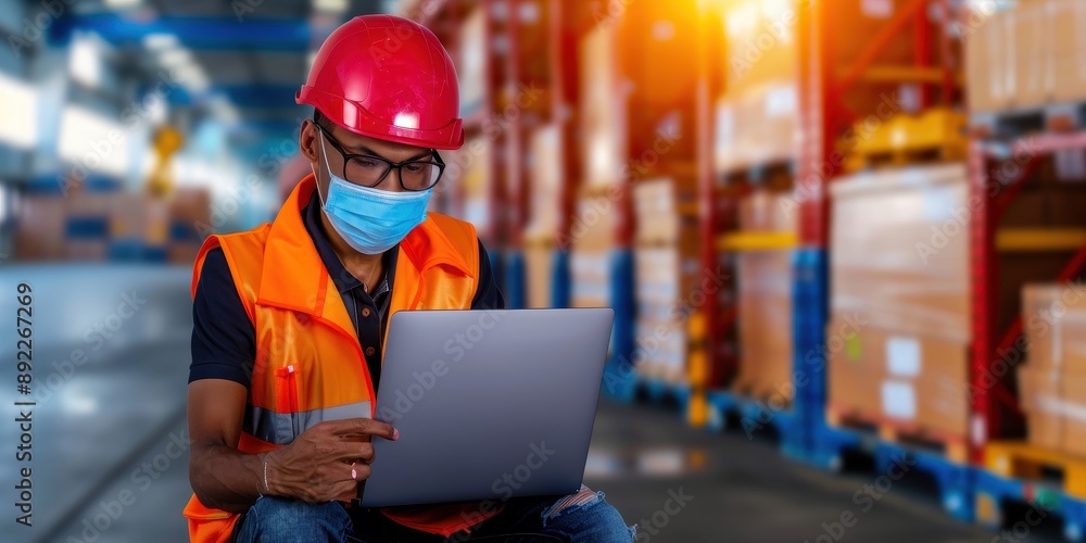 Poster modern logistics professional using software to optimize supply chain management