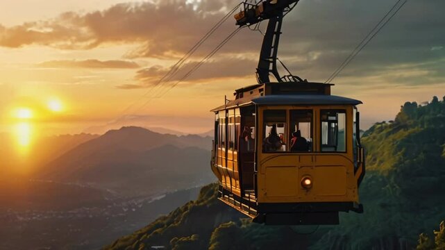 cable car in the mountains In a beautiful sunset, in a smooth looping video.