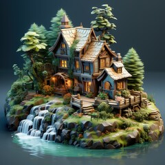 Fototapeta premium Cute Isometric Island Cottage Nestled in the Woods by a River