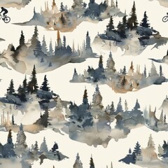 Watercolor mountain biking seamless repeating pattern, minimal pattern, high contrasty 