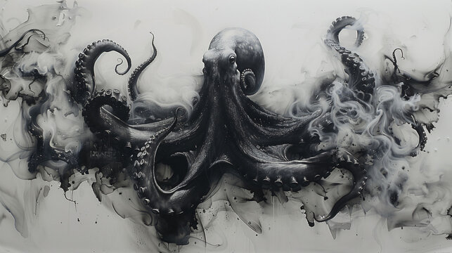 Abstract ink illustration of a octopus black and white background