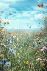 A dreamlike meadow, with a field of wildflowers, a gentle breeze, and butterflies fluttering in the air under a clear blue sky