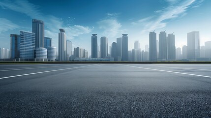 Obraz premium A wide, empty road leading towards a modern urban skyline filled with sleek skyscrapers under a clear blue sky, showcasing the city's architectural development and futuristic design