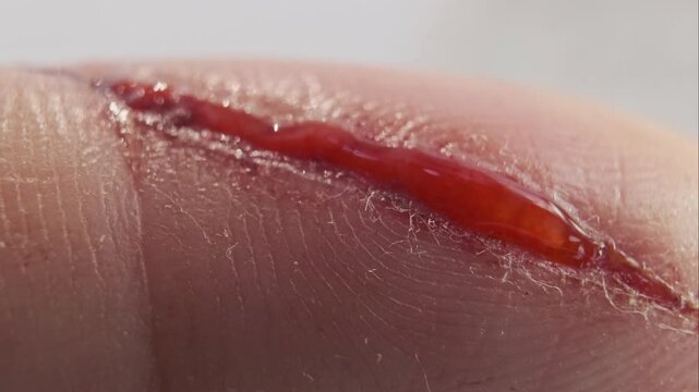 Super Macro CLoseUp of Fresh Open Wound with Blood on Skin, Painkillers Injury and Caution Concept. Damaged Fingerprint on Human Skin. Examination in Medical Clinic, High Tech 