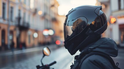 Fototapeta premium A motorcyclist wearing a black helmet with a clear visor and a black jacket, stands on a city street with a motorcycle in the foreground.