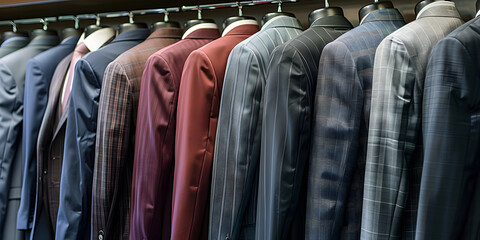 Row of mens business suits displayed neatly showcasing professional office attire. 