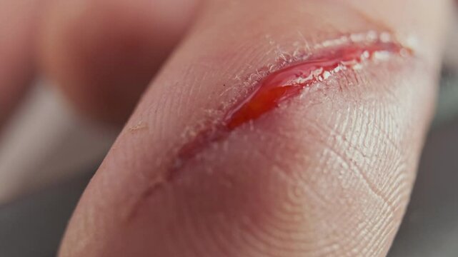 Deep injury on Human Skin Surface, Fresh Blood on Skin, Medical examination Fresh Open Wound with Blood on Skin, painkillers, SUper Macro. Damaged Fingerprint on Skin Surface