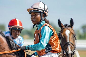 African American female equestrian with helmet and brown horse in an outdoor riding arena. Concept of horse riding, equestrian sport, woman athlete, horse training