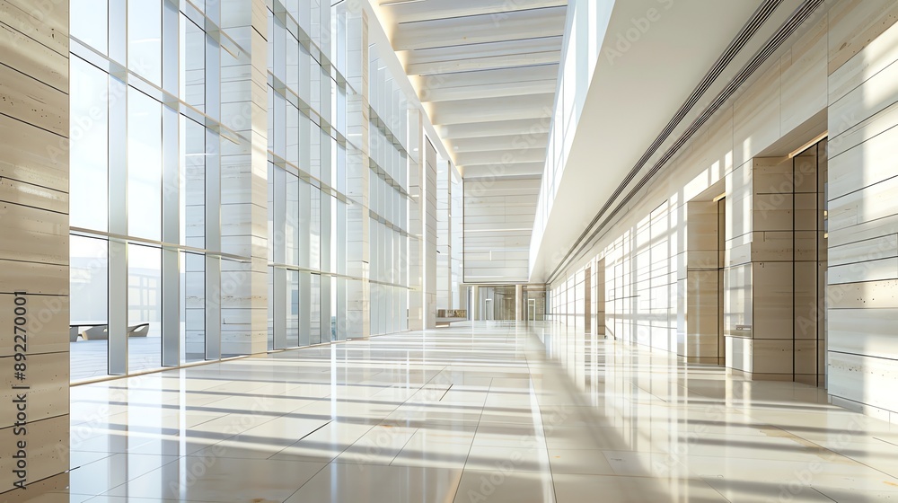Poster a long hallway in a modern building with large windows and a tiled floor.