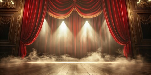 Photo of an empty stage at the theatre, illuminated by spotlights and smoke from pyrotechnics. A performance and drama concept.