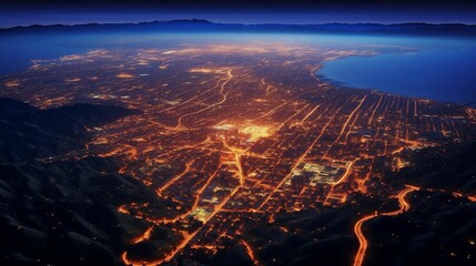 Aerial view of city lights illuminating the night with a majestic mountain and ocean backdrop, vibrant urban nightscape with ample copy space, ideal for travel, city life, and scenic photography theme