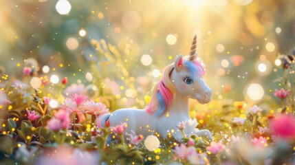 Obraz premium Cute unicorn toy with rainbow mane in a meadow, surrounded by pink flowers and sparkling golden lights.