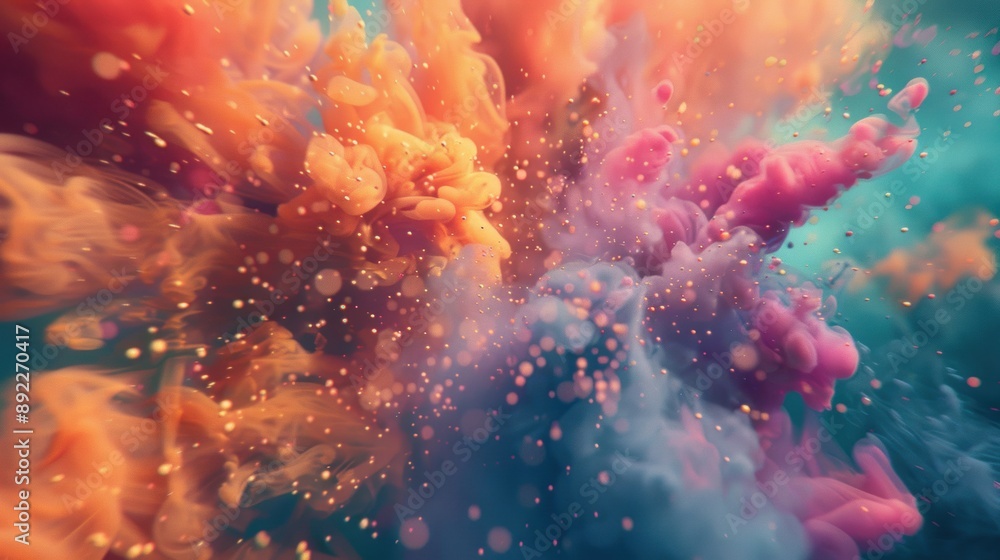 Poster abstract digital art featuring an explosion of colorful ink in water, creating a dynamic and vibrant