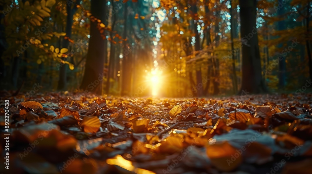 Poster sunlight filters through autumn leaves in a dense forest, creating a warm and serene atmosphere with