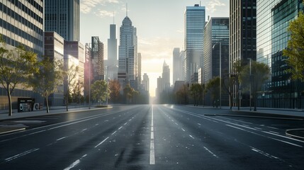 Fototapeta premium A tranquil morning view of an empty city street, lined with trees and modern skyscrapers, basking in the soft glow of dawn, reflecting the calmness and beauty of urban life