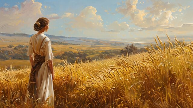 Illustration of Ruth from the Old Testament Gleaning in Boaz&rsquo;s Fields - Golden Wheat, Warm Sun, and Serene Pastoral Landscape