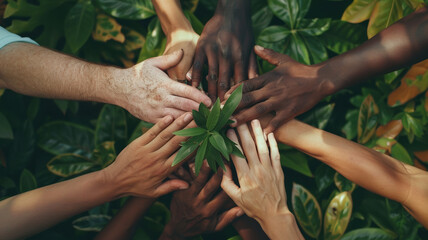 A top view of diverse, multiracial hands gathered around a plant highlights community teamwork and commitment to environmental sustainability and diversity.