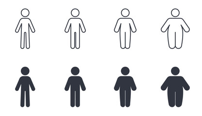 Vector icons human body. Different types of figure from thin to fat man. Diet, healthy lifestyle and overeating, obesity. Editable stroke thin line and black solid set.