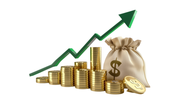 A stack of gold coins with green arrows pointing upwards, symbolizing financial growth and stock market rise	