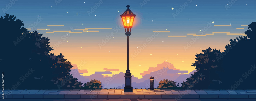 Poster old-fashioned street lamp with glowing bulb and pole vector flat minimalistic isolated