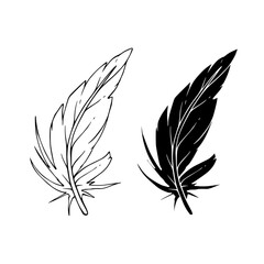 Obraz premium Linear sketch, outline, silhouette, bird feather stamp. Vector graphics.