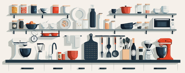 Modern kitchen gadgets and utensils for food preparation on a white background. Vector flat isolated illustration.
