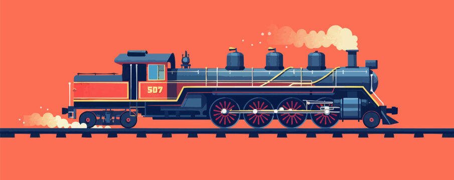 Nostalgic model train with locomotive and tracks Vector flat minimalistic isolated illustration