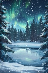 A magical winter forest, with snow-covered trees, a frozen pond, and northern lights shimmering in the night sky 