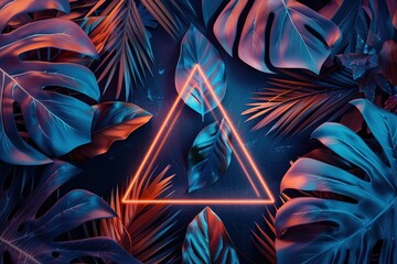 Neon white triangle centered amidst vibrant tropical leaves on a dark background, illuminated with neon colors. Futuristic and abstract design concept.