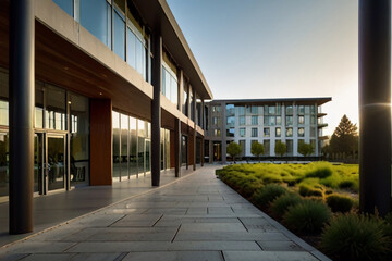 A modern tech campus in Silicon Valley with sleek buildings, innovative design, and lush greenery.