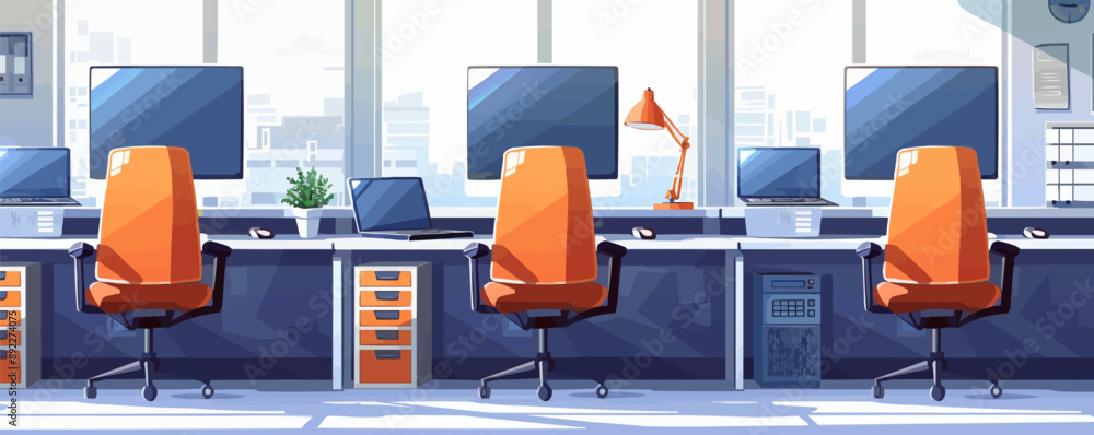Poster modern office cubicles with computers and desks vector flat minimalistic isolated illustration