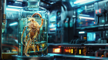 A stunningly detailed alien creature in a glass flask, showcased in a science laboratory with cyberpunk aesthetics, featuring intricate scientific elements and hyper-detailed, high-quality visuals.