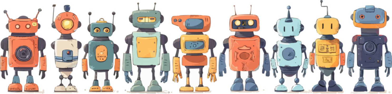 Toy robots on a white background. Vector flat minimalistic isolated illustration