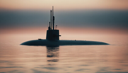 A submarine on the surface at dawn, with the ocean reflecting the early morning light and fog rollin
