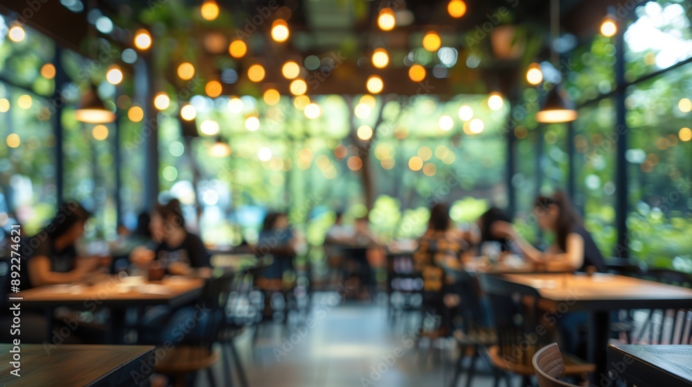 Poster a cozy cafe with warm lighting and a blurred background, creating a relaxing and inviting atmosphere