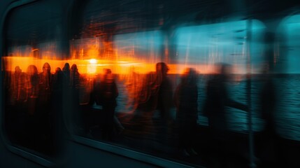 Fototapeta premium Passengers on a journey watching a vibrant sunset through a window, creating a blurry and reflective scene of light and motion.