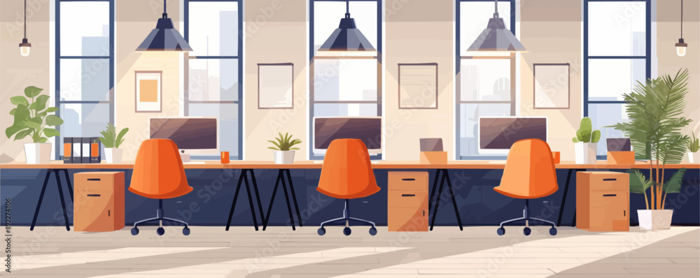 Poster modern co-working space with open desks and laptops. vector flat minimalistic isolated illustration.