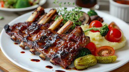 Tasty grilled ribs with vegetables and mushrooms on a plate stands on the table.
