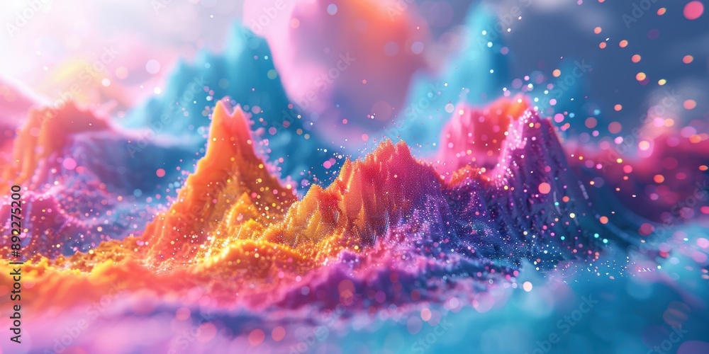 Poster vibrant 3d abstract landscape with colorful peaks and valleys, resembling a digital terrain with dyn