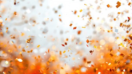 Golden confetti falling against a white background, creating a festive and celebratory atmosphere with a bright, cheerful mood.