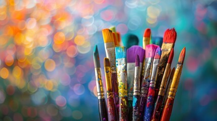 Fototapeta premium Vibrant collection of paintbrushes covered in paint, set against a colorful bokeh background, evoking creativity and artistic expression.