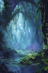 A mystical swamp, with ancient, gnarled trees, and mist swirling around the ground 