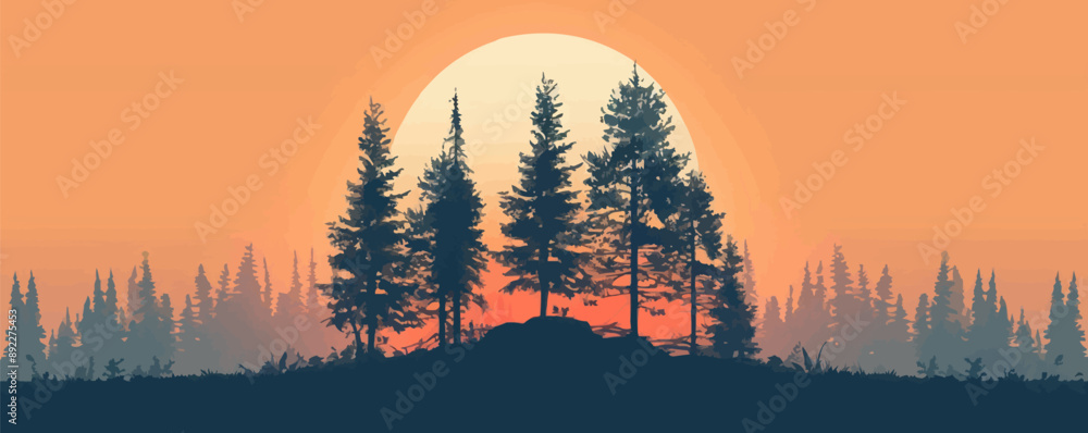 Poster pine tree in a tranquil forest setting. vector flat minimalistic isolated illustration.