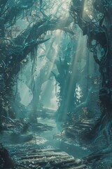 Obraz premium A mystical swamp, with ancient, gnarled trees, and mist swirling around the ground 