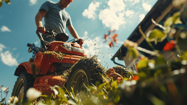 
From a low angle, a man is seen trimming a hedge or cutting grass with a lawnmower in his backyard on a sunny summer or spring day, engaging in house maintenance or leisure activity.